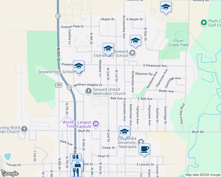 map of restaurants, bars, coffee shops, grocery stores, and more near 1451 North 1st Street in Seward