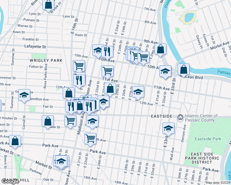 map of restaurants, bars, coffee shops, grocery stores, and more near 572 East 25th Street in Paterson