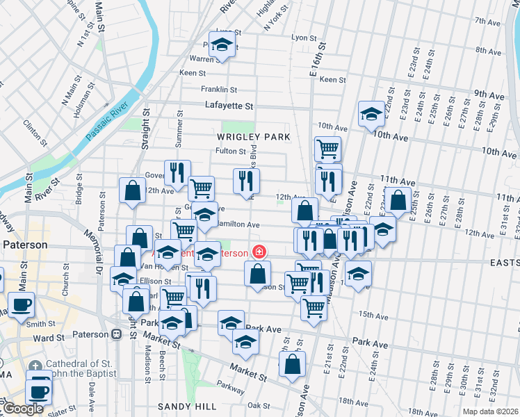 map of restaurants, bars, coffee shops, grocery stores, and more near in Paterson