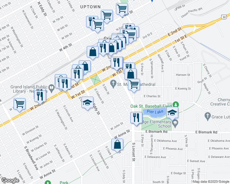 map of restaurants, bars, coffee shops, grocery stores, and more near 204 South Cedar Street in Grand Island