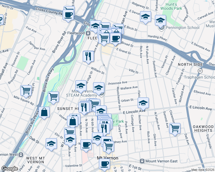 map of restaurants, bars, coffee shops, grocery stores, and more near 395 Gramatan Avenue in Mount Vernon