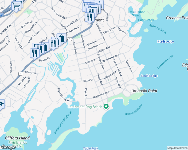map of restaurants, bars, coffee shops, grocery stores, and more near 54 Beach Avenue in Larchmont