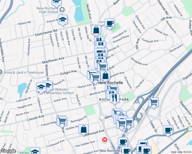 map of restaurants, bars, coffee shops, grocery stores, and more near 27 Horton Avenue in New Rochelle