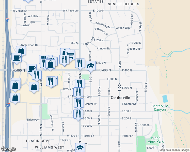 map of restaurants, bars, coffee shops, grocery stores, and more near 350 North 100 East in Centerville