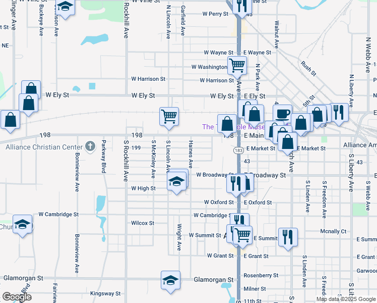 map of restaurants, bars, coffee shops, grocery stores, and more near 170 West Columbia Street in Alliance
