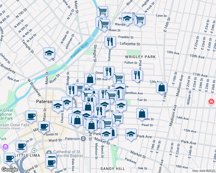 map of restaurants, bars, coffee shops, grocery stores, and more near 198 Summer Street in Paterson