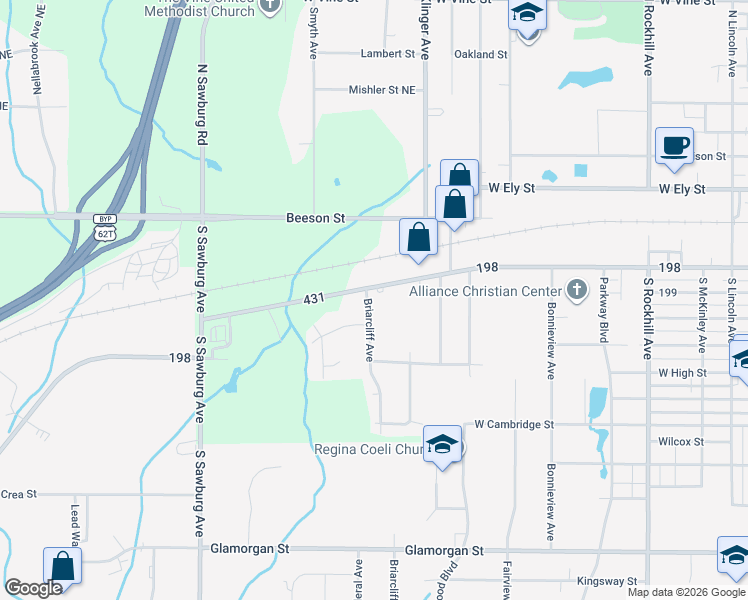 map of restaurants, bars, coffee shops, grocery stores, and more near 1421 West Main Street in Alliance