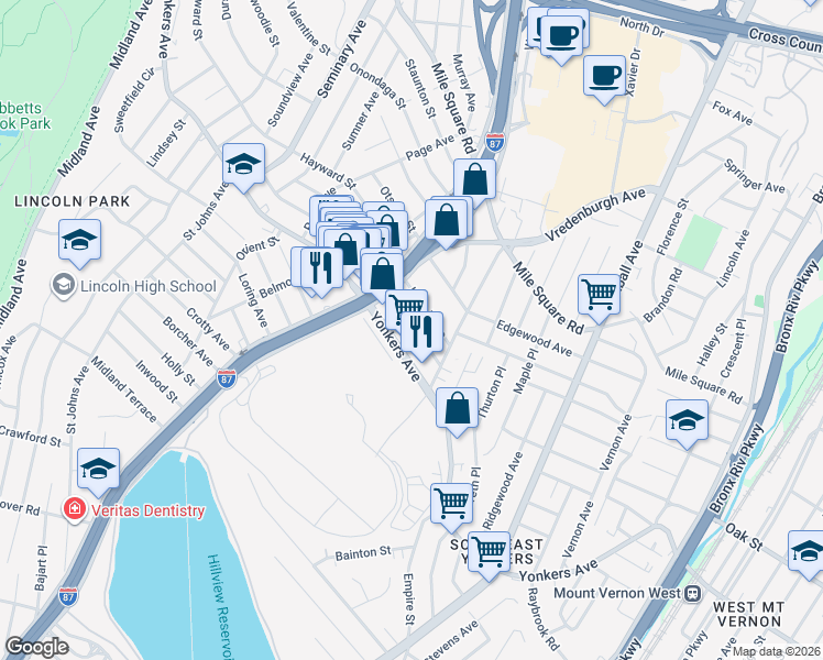 map of restaurants, bars, coffee shops, grocery stores, and more near 17 Huber Place in Yonkers