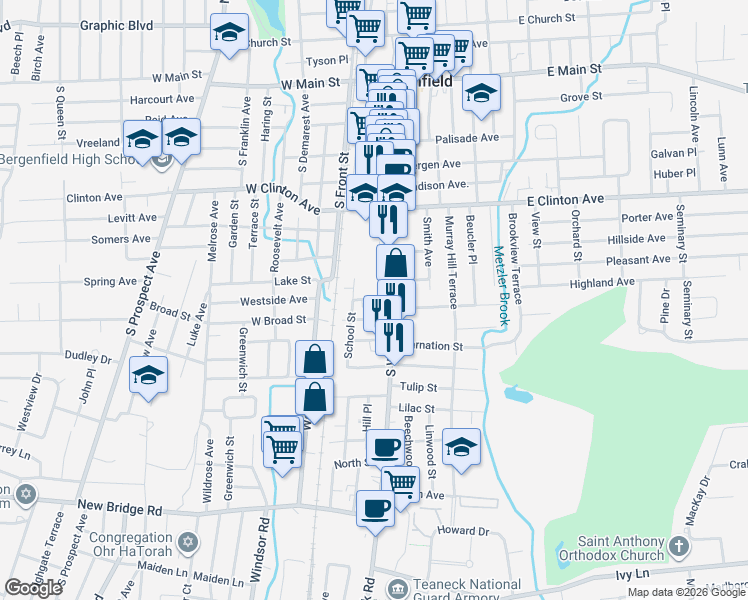 map of restaurants, bars, coffee shops, grocery stores, and more near 71 School Street in Bergenfield