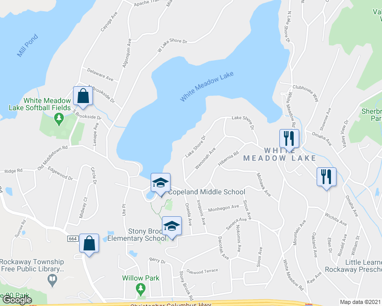 map of restaurants, bars, coffee shops, grocery stores, and more near Lake Shore Drive in Morris County