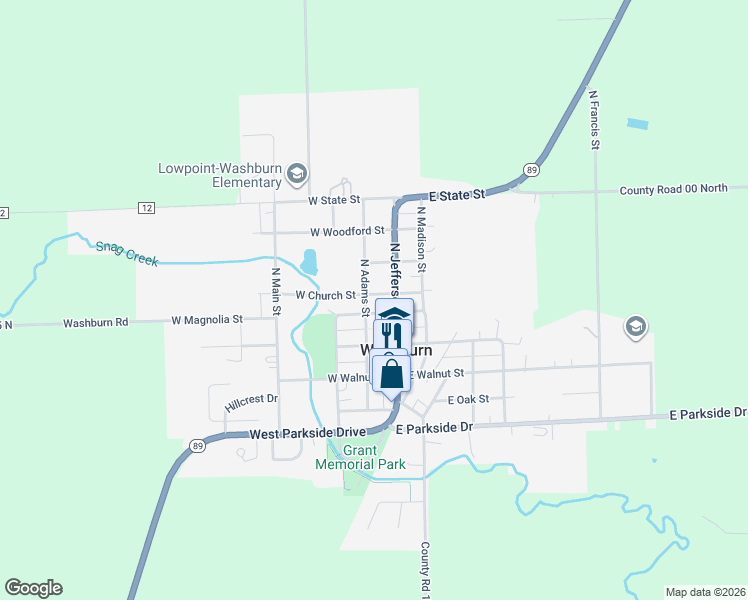 map of restaurants, bars, coffee shops, grocery stores, and more near North Adams Street in Washburn