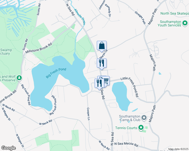 map of restaurants, bars, coffee shops, grocery stores, and more near 1375 North Sea Road in Southampton