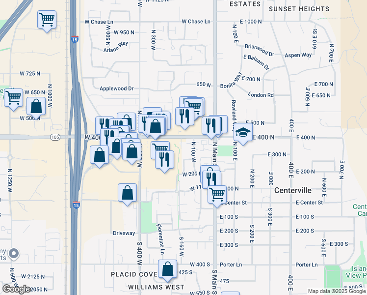 map of restaurants, bars, coffee shops, grocery stores, and more near 190 West 400 North in Centerville