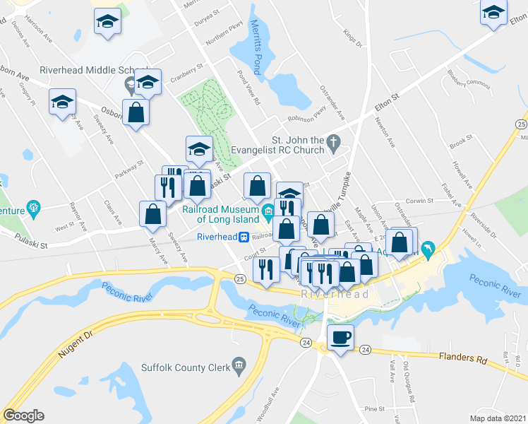 map of restaurants, bars, coffee shops, grocery stores, and more near 573 Roanoke Avenue in Riverhead