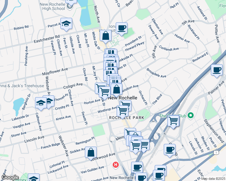 map of restaurants, bars, coffee shops, grocery stores, and more near 576 North Avenue in New Rochelle