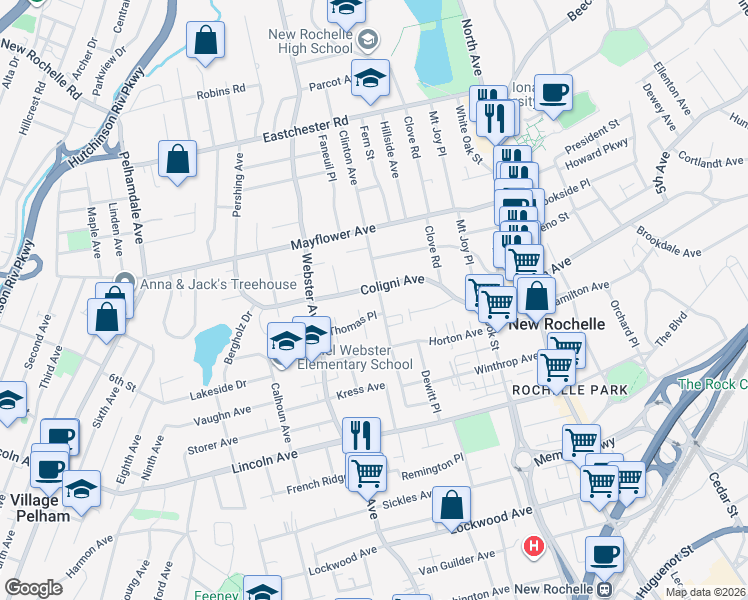 map of restaurants, bars, coffee shops, grocery stores, and more near 153 Coligni Avenue in New Rochelle