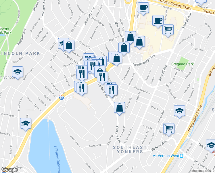 map of restaurants, bars, coffee shops, grocery stores, and more near 17 Huber Place in Yonkers