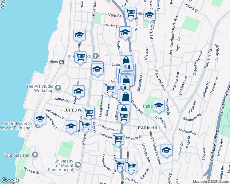 map of restaurants, bars, coffee shops, grocery stores, and more near 34 Morris Street in Yonkers
