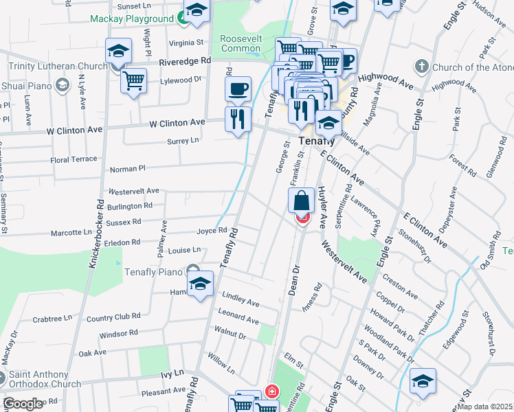 map of restaurants, bars, coffee shops, grocery stores, and more near 39 George Street in Tenafly