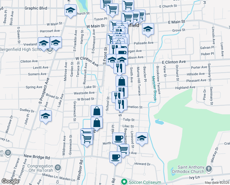 map of restaurants, bars, coffee shops, grocery stores, and more near 71 School Street in Bergenfield