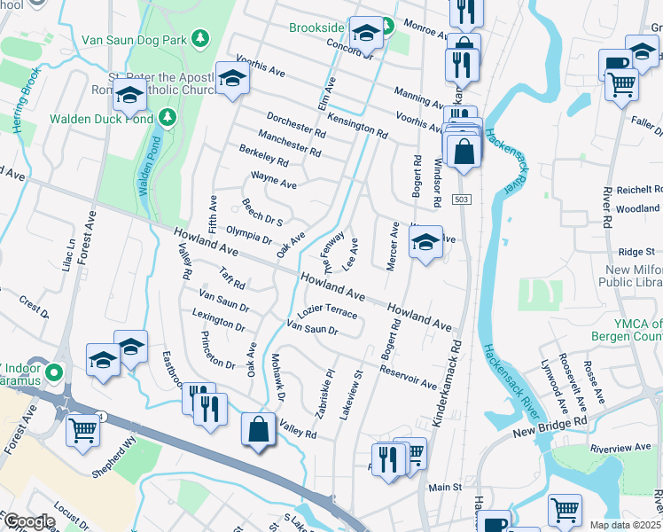 map of restaurants, bars, coffee shops, grocery stores, and more near 413 Lee Avenue in River Edge