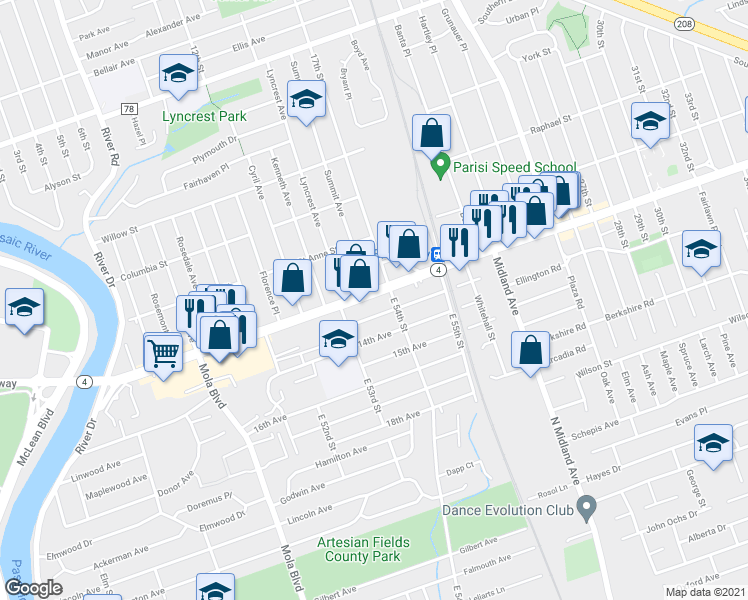 map of restaurants, bars, coffee shops, grocery stores, and more near in Elmwood Park
