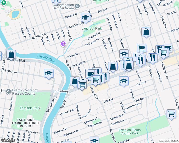 map of restaurants, bars, coffee shops, grocery stores, and more near 57 Rosedale Avenue in Elmwood Park