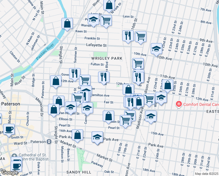 map of restaurants, bars, coffee shops, grocery stores, and more near 157 12th Avenue in Paterson