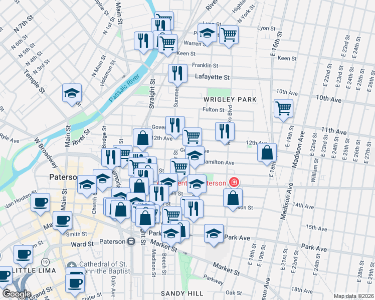 map of restaurants, bars, coffee shops, grocery stores, and more near 56 12th Avenue in Paterson