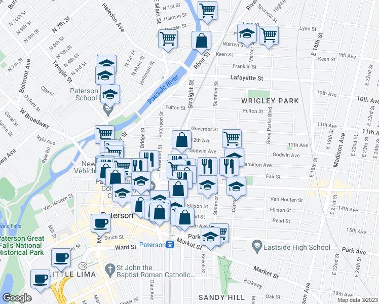 map of restaurants, bars, coffee shops, grocery stores, and more near 107 Straight Street in Paterson