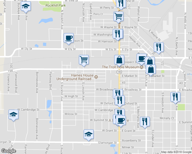 map of restaurants, bars, coffee shops, grocery stores, and more near 186 West Market Street in Alliance