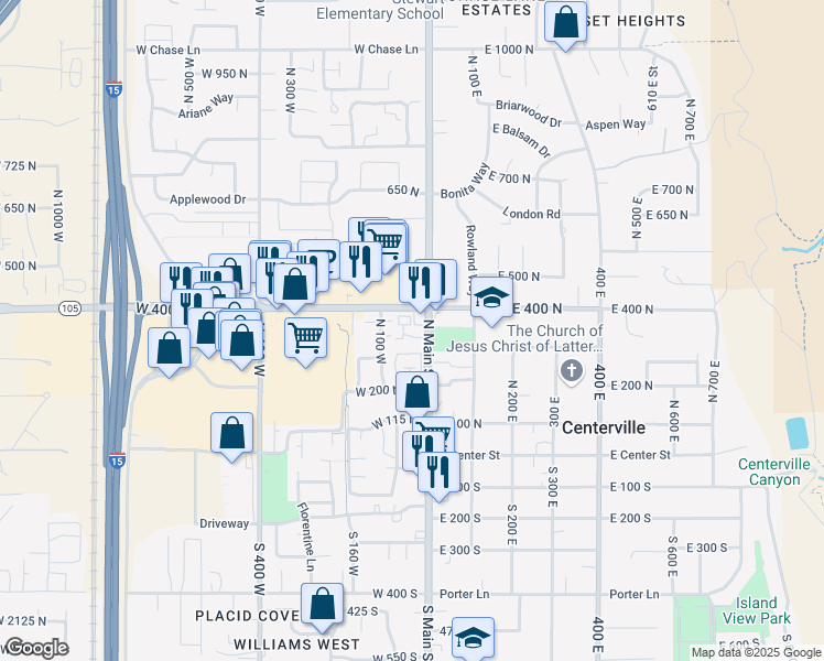 map of restaurants, bars, coffee shops, grocery stores, and more near 410 North Main Street in Centerville