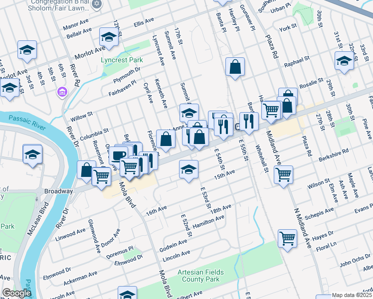 map of restaurants, bars, coffee shops, grocery stores, and more near 1-24 Lyncrest Avenue in Fair Lawn