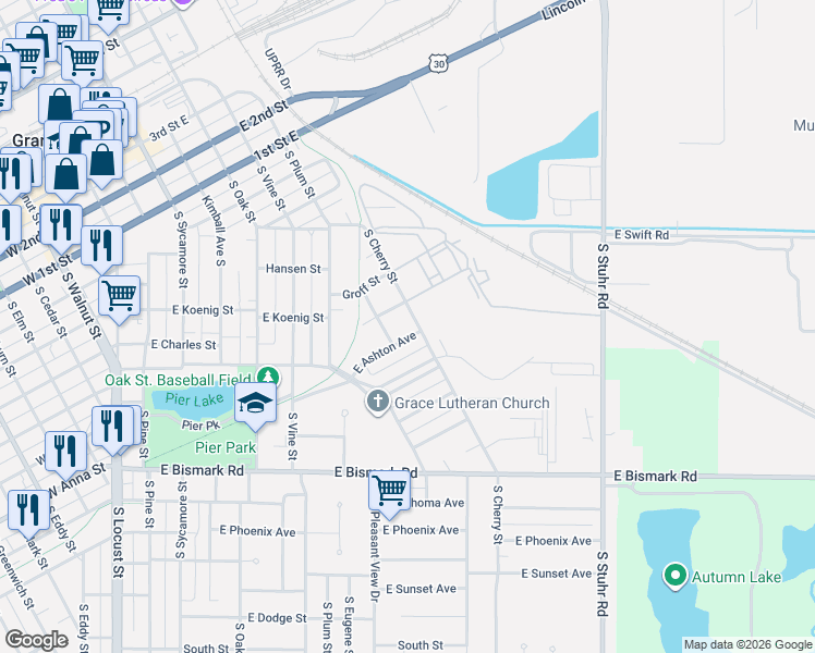 map of restaurants, bars, coffee shops, grocery stores, and more near 701-799 Bischeld Street in Grand Island