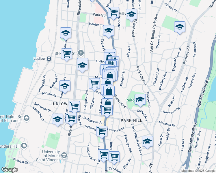 map of restaurants, bars, coffee shops, grocery stores, and more near 347b South Broadway in Yonkers