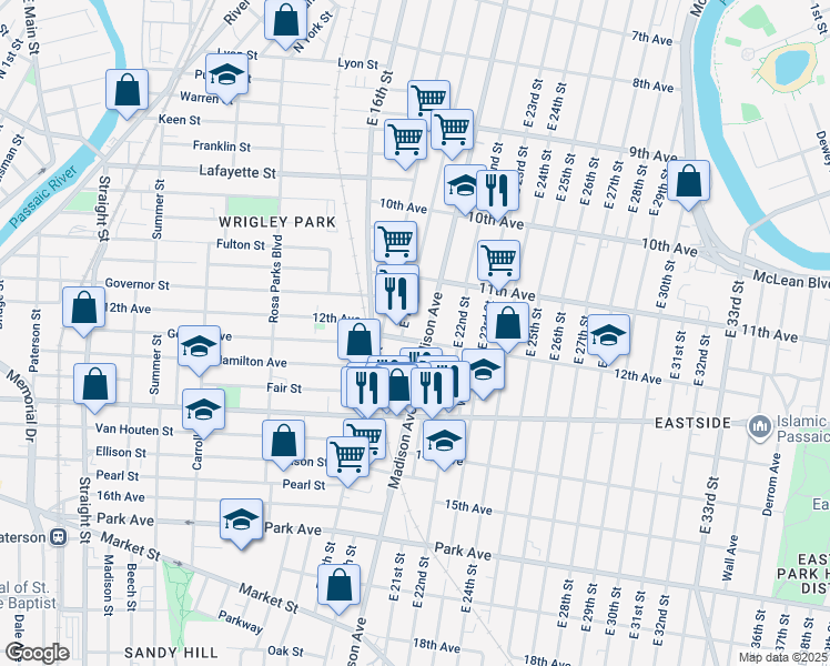 map of restaurants, bars, coffee shops, grocery stores, and more near 257 12th Avenue in Paterson