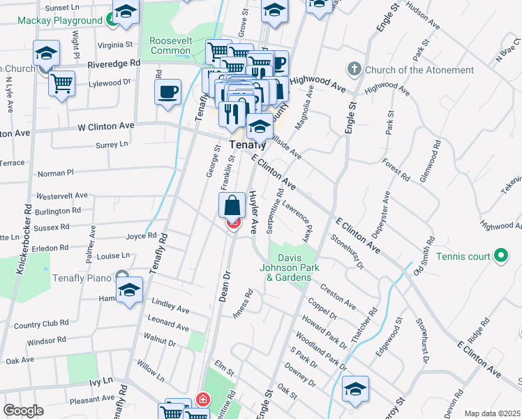 map of restaurants, bars, coffee shops, grocery stores, and more near 2 Valley Place in Tenafly