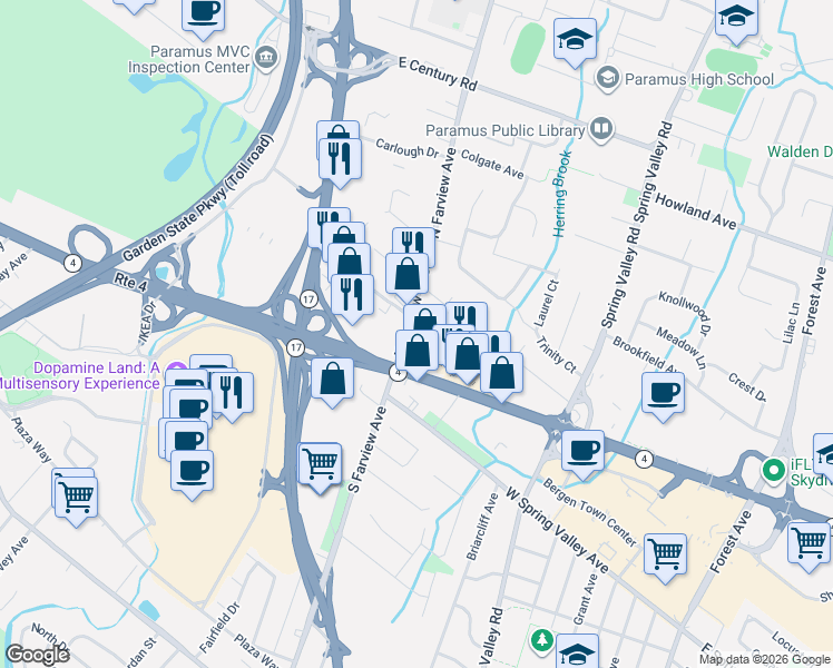 map of restaurants, bars, coffee shops, grocery stores, and more near 42 Farview Terrace in Paramus