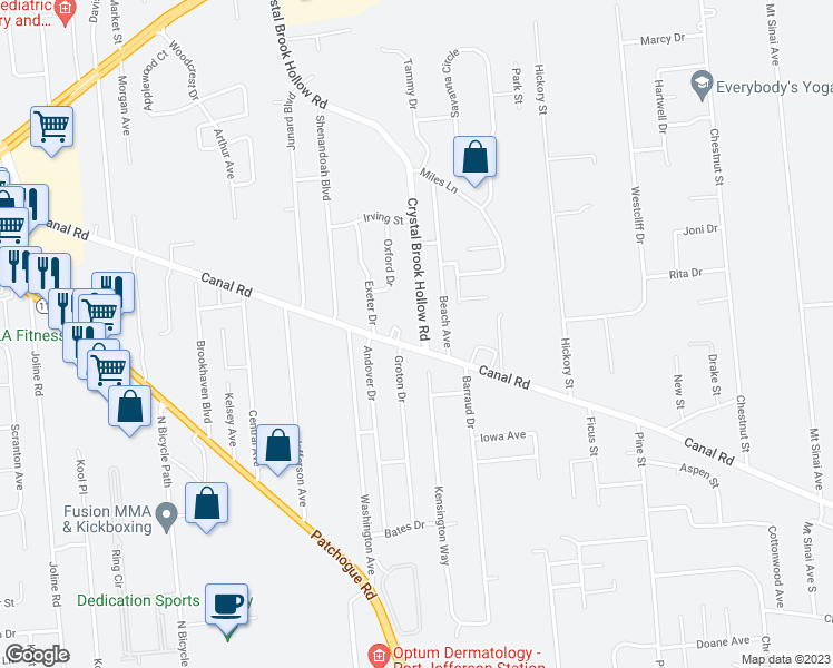 map of restaurants, bars, coffee shops, grocery stores, and more near 197 Crystal Brook Hollow Road in Port Jefferson Station