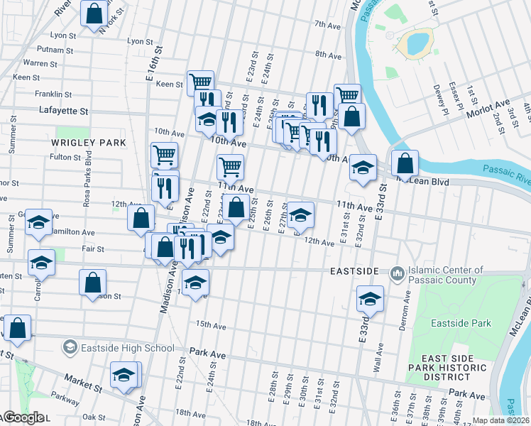 map of restaurants, bars, coffee shops, grocery stores, and more near 516 East 26th Street in Paterson