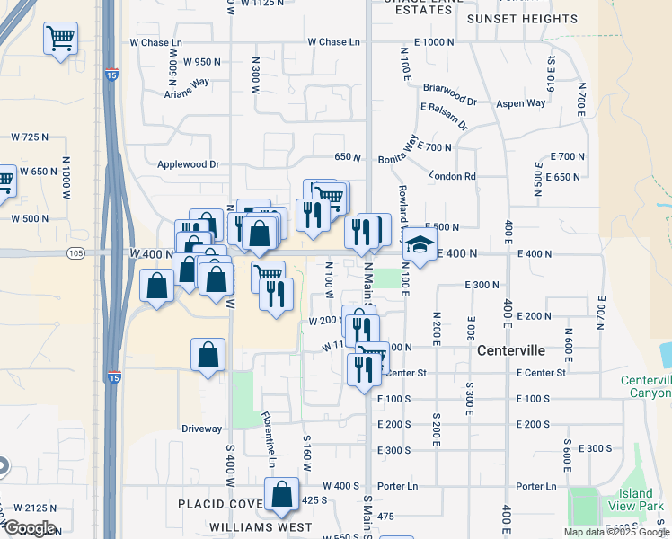 map of restaurants, bars, coffee shops, grocery stores, and more near 55 West 400 North in Centerville