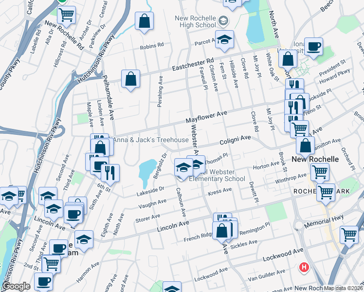 map of restaurants, bars, coffee shops, grocery stores, and more near 27 Albert Place in New Rochelle