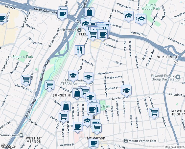 map of restaurants, bars, coffee shops, grocery stores, and more near 412 Gramatan Avenue in Mount Vernon
