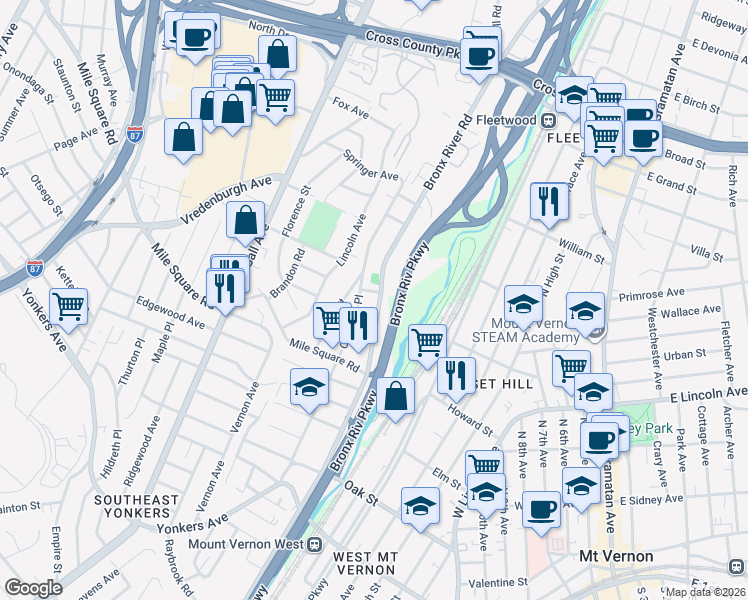 map of restaurants, bars, coffee shops, grocery stores, and more near 176 Crescent Place in Yonkers