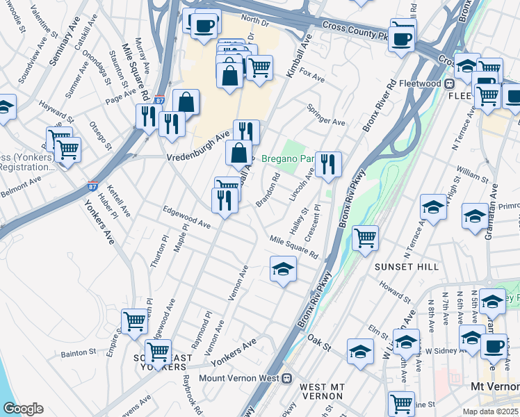 map of restaurants, bars, coffee shops, grocery stores, and more near 7 Virginia Street in Yonkers