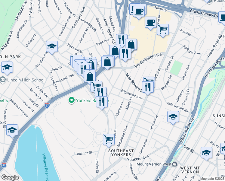 map of restaurants, bars, coffee shops, grocery stores, and more near 198 Trenchard Street in Yonkers