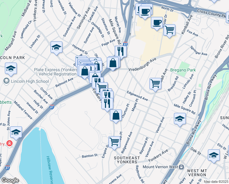 map of restaurants, bars, coffee shops, grocery stores, and more near 35 Kettell Avenue in Yonkers