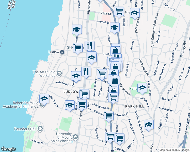 map of restaurants, bars, coffee shops, grocery stores, and more near 64 Livingston Avenue in Yonkers