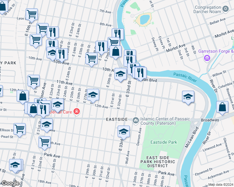 map of restaurants, bars, coffee shops, grocery stores, and more near 551 11th Avenue in Paterson