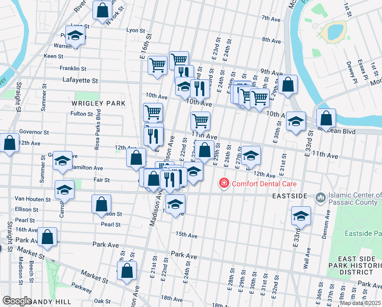 map of restaurants, bars, coffee shops, grocery stores, and more near 556 East 23rd Street in Paterson